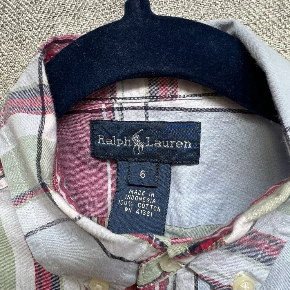 Ralph Lauren Plaid Long Sleeve Button Down Shirt Boys‎ 6 100% Cotton Blue Pony